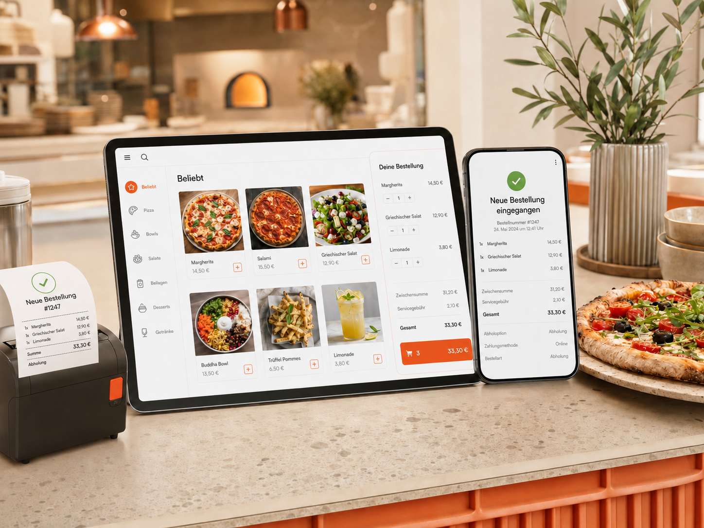 FoodsHero Online-Bestellsystem mit deutscher Speisekarte, Europreisen und eingehender Bestellung