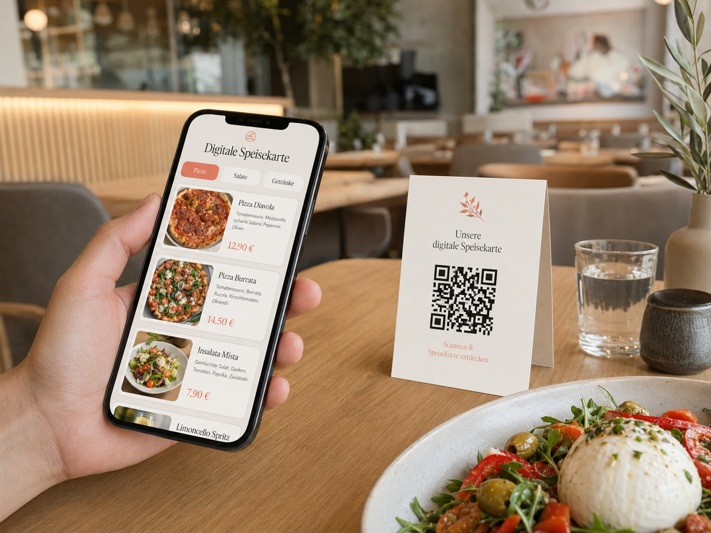 Digitale Restaurant-Speisekarte mit QR-Code und Europreisen auf dem Smartphone